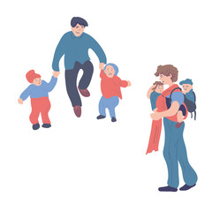 Zestaw dla dzieci i ojców. Rodzinnego czasu wektorowa ilustracja, pojęcie szczęśliwy rodzicielstwo i dzieciństwo. Postacie ludzi - 236631792