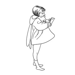 Mała dziewczynka gra w gry na tablecie. Dziewczyna charakter ilustracji wektorowych, koncepcja szczęśliwego dzieciństwa w stylu sztuki linii - 236631793