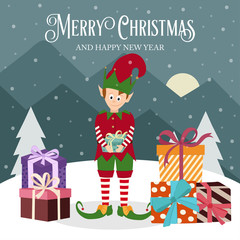  Christmas card with elf and gift box