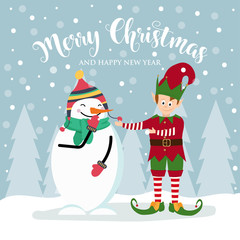 Christmas card with cute elf and snowman.