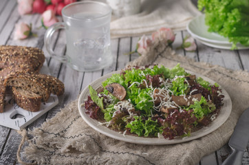 Homemade bio salad lettuce with mushrooms and wholegrain bread