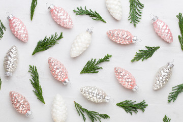 Christmas composition. Gifts, cones decorations on white background. Christmas, winter, new year concept. Flat lay, top view, copy space.  Flat lay. Top view.