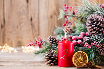 Christmas greeting card. Festive decoration on wooden background. New Year concept. Copy space.  Flat lay. Top view.