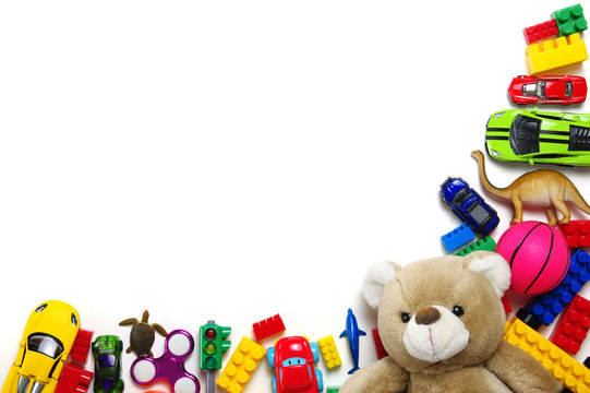Kids toys frame on white background