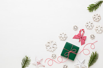 Christmas composition. Christmas decorations on white background. Flat lay, top view