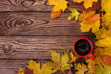 Autumn leaves, hot steaming cup of coffee