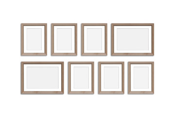 Frames collage, eight blank wooden frameworks mock up