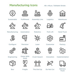 Manufacturing Icons - Outline styled icons, designed to 48 x 48 pixel grid. Editable stroke.