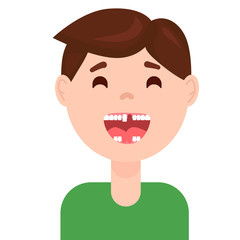 Toothless child smiling and showing milk tooth and permanent teeth in eruption, opened mouth.