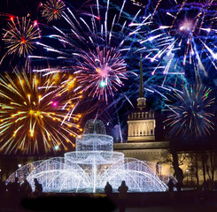 fountain from the shining fires on the square in front of the Admiralty on New Year's Eve. St....