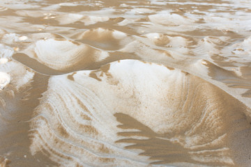 Snow and sand texture. Winter beach background. Snow in desert.