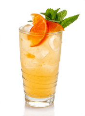 Alcohol coctkail with fresh mint and tangerine isolated on white
