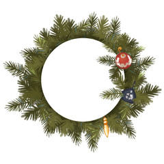 Christmas fir wreath decorated with toys. Frame. Isolated on white background. New Year - 236637162