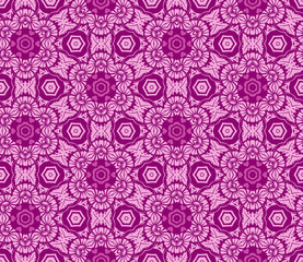 Seamless pattern from circular abstract floral ornaments in lavender and magenta color on a purple background. Vector illustration. Suitable for fabric, wallpaper and wrapping paper