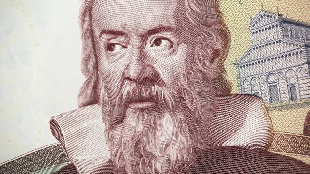 Galileo Galilei portrait on Italy banknote rotating. Genius Italian scientist, mathematician, astronomer, philosopher and inventor, father of modern physics. 4K UHD video footage
