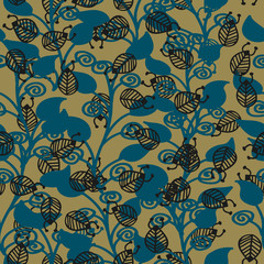 Fototapeta premium branches with blue leaves with black insects on a green color