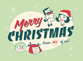 Vintage Style Christmas Postcard. Merry Christmas From All of Us! - Editable EPS10. 