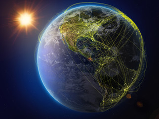 Obraz premium Costa Rica from space. Planet Earth with network representing international communication, technology and travel.