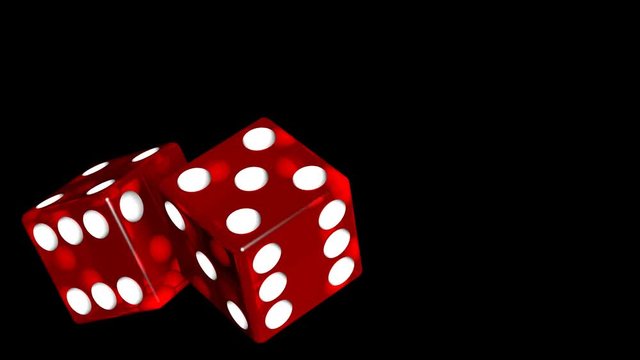 reflective looping pair of spinning red dice close up over black background