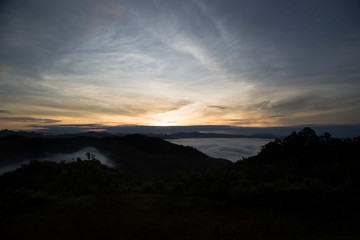 Tohair, hill top view with sea of fog. Morning light on the top of mountain, Thailand.