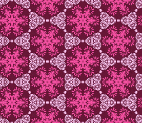 Seamless pattern from circular abstract floral ornaments in pink and crimson colors on a maroon background. Vector illustration. Suitable for fabric, wallpaper and wrapping paper