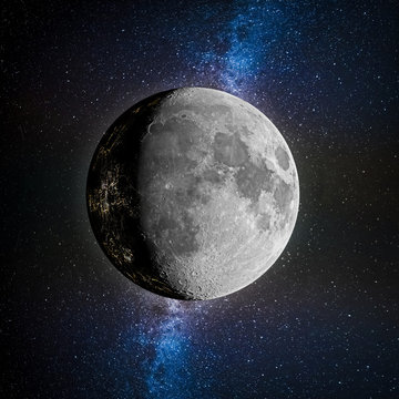 Fiction of inhabited Moon on space background