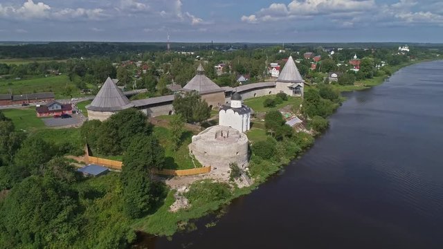 Flight over the Staraya Ladoga fortress and the Volkhov River, Russia, 4k