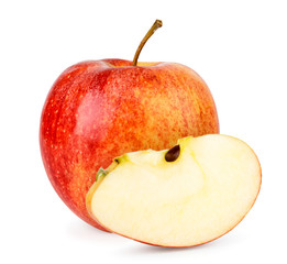 Ripe red Apple and a piece of close - up on a white. Isolated.