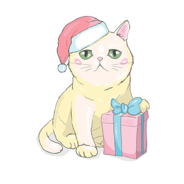 recommend clip art: Hand drawn vector illustration of a cute funny cat face in Santa Claus hat, muffler, text Warmest wishes. Isolated objects on white background. Design concept for kids, winter holidays, Christmas.