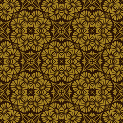 Seamless pattern from circular and square abstract floral ornaments in yellow-brown colors on a dark background. Vector illustration. Suitable for fabric, wallpaper and wrapping paper
