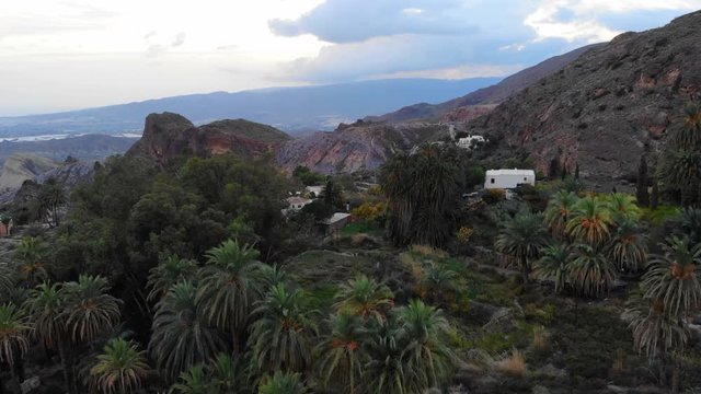 Vista a&eacute;rea de un pueblo con mucha vegetaci&oacute;n y palmeras. Al fondo las monta&ntilde;as y un cielo bonito. Drone video 4k