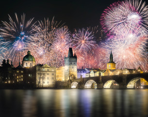 Beautiful fireworks above Charles bridgeat at night, Prague, Czech Republic - obrazy, fototapety, plakaty