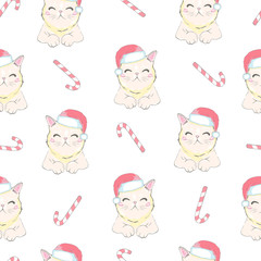 Vector christmas seamless pattern with grey cat with green eyes in santa hat and bow tie isolated on the white background. Text Merry Christmas.