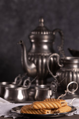 Old Antique Tin Set for coffee on gray background