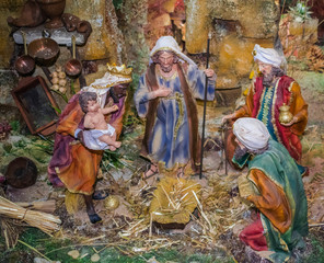 Christmas Bethlehem figures, Joseph, Jesus child and the three Wise men