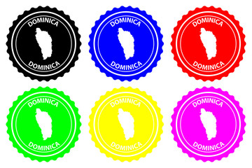 Dominica - rubber stamp - vector, Commonwealth of Dominica map pattern - sticker - black, blue, green, yellow, purple and red