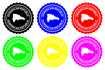 Dominican Republic - rubber stamp - vector, Dominican Republic map pattern - sticker - black, blue, green, yellow, purple and red