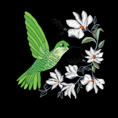 Embroidery with hummingbird and orchid flowers vector illustration.