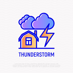 Thunderstorm thin line icon: house under clouds and flash. Modern vector illustration.