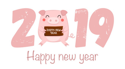 Creative poster for New 2019 Year with cute pig and congratulatory slogan