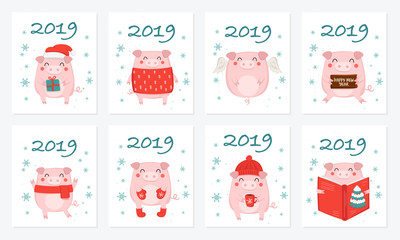 Postcard collection. New 2019 Year posters with cute pig and winter slogan