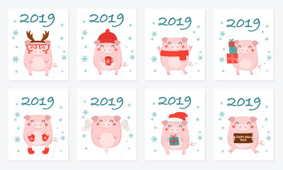 Postcard collection. New 2019 Year posters with cute pig and winter slogan