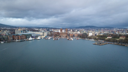 Fototapeta na wymiar Aerial drone photo over Aker Brygge and City Hall in Oslo, Norway