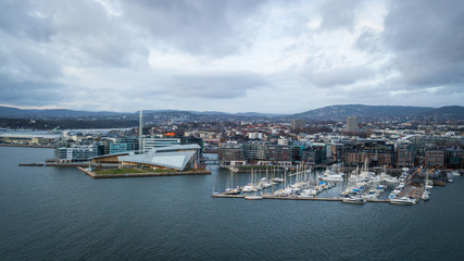 Fototapeta na wymiar Aerial drone footage over Aker Brygge in Oslo, Norway