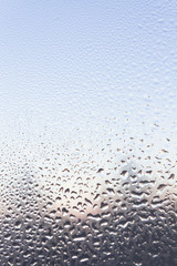 The frozen drops on the patterned frosty winter window