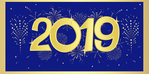 Naklejka premium ПечатьNew Year card. Golden numbers 2019 on a dreaming background with festive fireworks. vector illustration.