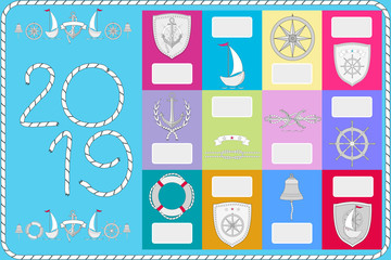 Calendar with nautical symbols. Color vector illustration.