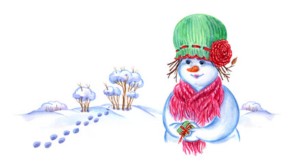 Snowman girl in a hat and scarf with a gift on the background of a winter landscape with snowdrifts and bushes, watercolor illustration on a white background. New Year, Christmas card, banner, etc.