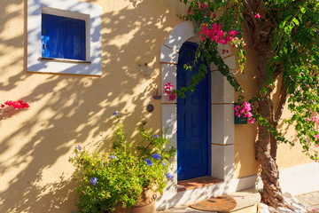 Old pictorial greek door with flowers