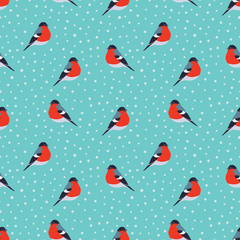 Seamless pattern with bullfinch and snow on green background. Seasonal winter natural pattern with bullfinch. Vector illustration.